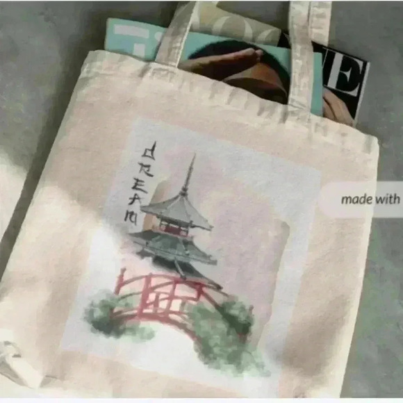 Mahjong inspired print of a bridge and tower recycled canvas tote bag - Picture 6 of 6
